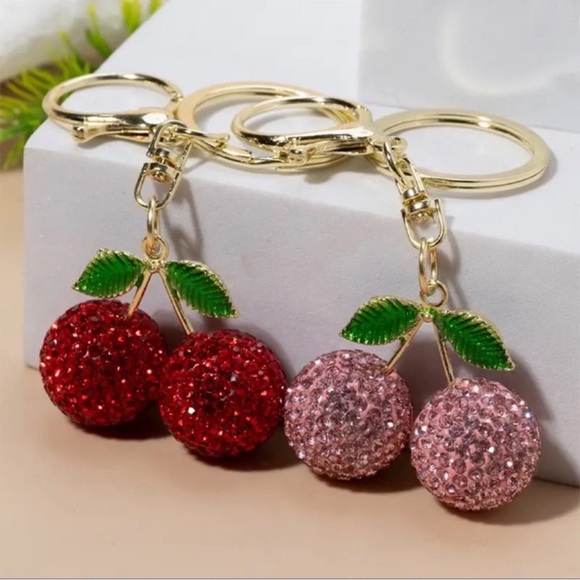 Cherry Keychain Or Bag Charms Set with Rhinestones 3 pack - Picture 8 of 9